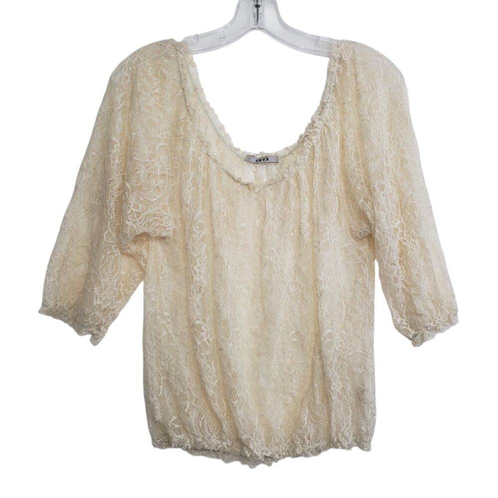 Unyx Women's Small Ivory Lace Blouse, Sheer. 3/4 Sleeve Scoop Neck